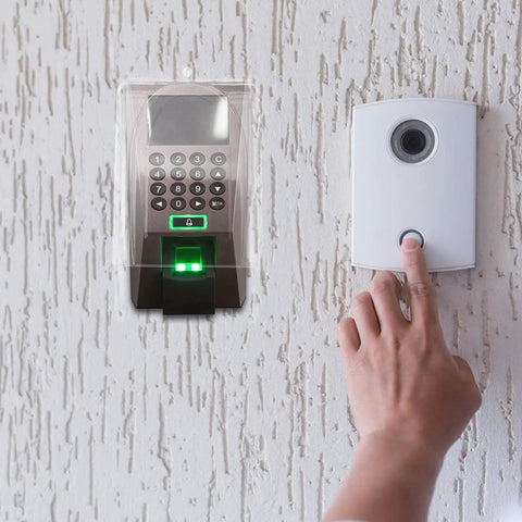 Waterproof Panel Cover For Access Control Keypad Controller With Weatherproof Doorbell Shield Tough As Nails Mount Heavy Duty Tempered Plastic Protection For Industrial And Office Environments. Transparent keypad cover on wall
