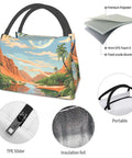 Desert Palm Tree Print Insulated Lunch Bag For Women And Men, Reusable Leakproof Cooler Tote showcasing compartments and materials.