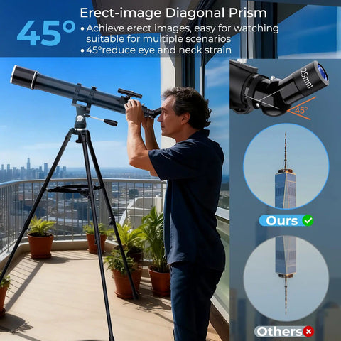 High Powered 90mm Refractor Telescope For Adults With 900mm Focal Length, 36X To 270X Zoom on balcony with diagonal prism