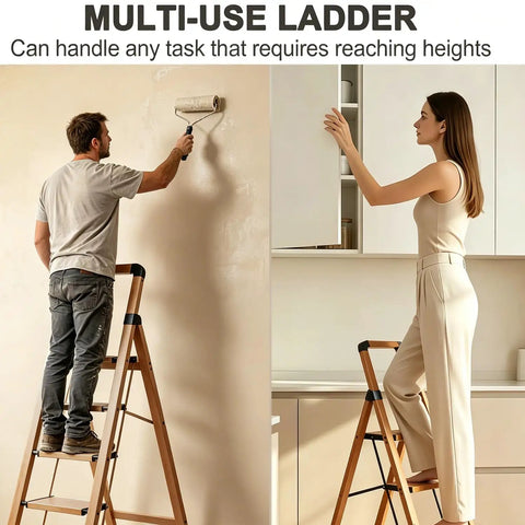 Woodgrain Finish 4 Step Aluminum Folding Ladder With Safety Lock Legs And Lightweight Design For Home Use Reaching Cabinets Shelves Attics And More Up To 330 Lb, 4-step