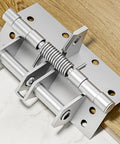 Close-up of rust-resistant stainless steel spring hinge for cabinets and doors, auto closing, adjustable and easy install.