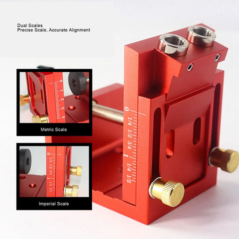 Heavy Duty Pocket Hole Jig Kit With Dual Scale Sliders And Precision 15 Degree Angle showing dual metric and imperial scales for accurate alignment.