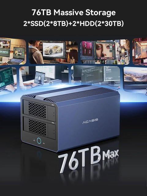 Ultimate 4 Bay Hybrid Raid Enclosure For 3.5 And 2.5 Inch Sata Drives Plus Dual Nvme Ssd Bays USB4 Thunderbolt 5 Ready with 76TB capacity.