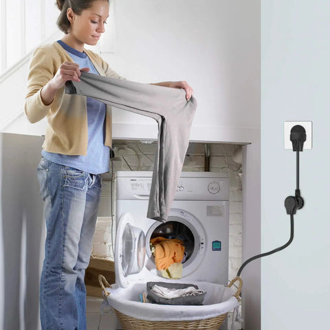 DIY Dryer Outlet Adapter Ideal For Moving Into A New House Converts 14-30P Four Prong Dryer Plug To 10-30R Three Prong Outlet No Electrician Needed Quick Plug Converter For Easy At Home Laundry Setup connected to wall outlet with person doing laundry