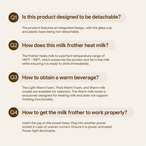 4 In 1 Milk Frother With Led Touch Screen And Ceramic Lined Bottom, 13.5 Oz Capacity FAQs about product design, heating, and usage