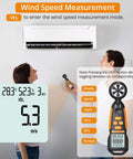 Anemometer Wind Meter With Backlit Display Pro Grade Handheld Gauge That Measures Wind Speed Airflow Humidity Temperature Plus Six Velocity Units And Max And Min Readings For HVAC Drone Sailing Fishing And Outdoor Use, measuring HVAC airflow