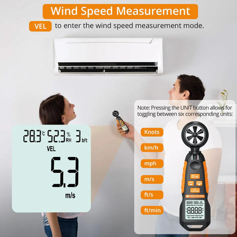 Anemometer Wind Meter With Backlit Display Pro Grade Handheld Gauge That Measures Wind Speed Airflow Humidity Temperature Plus Six Velocity Units And Max And Min Readings For HVAC Drone Sailing Fishing And Outdoor Use, measuring HVAC airflow