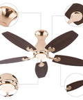 ALSKXaxna Ceiling Fan with Lights and Timer 5 Blades Modern Chandelier 45W with gold finish and dark wood blades.