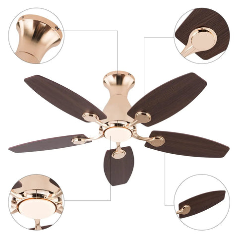 ALSKXaxna Ceiling Fan with Lights and Timer 5 Blades Modern Chandelier 45W with gold finish and dark wood blades.
