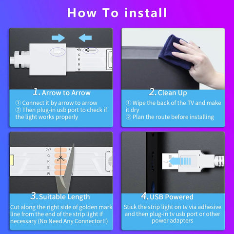 Installation guide for Smart USB TV Backlight Strip For Your Big Screen 82 To 95 Inch 19.4ft RGBW Color Changing Ambient LED Light