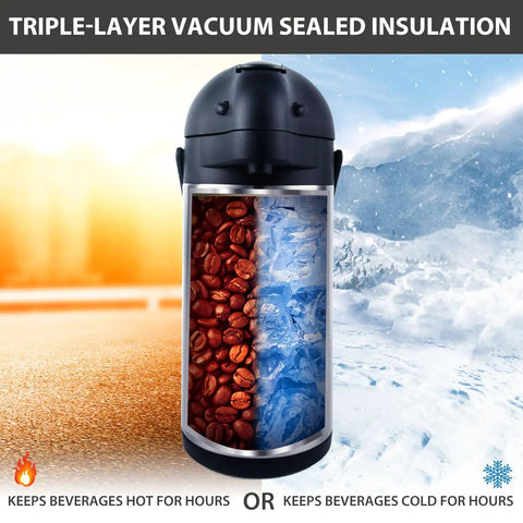 Stainless Steel Thermal Carafe Airpot Large Beverage Dispenser with Triple Wall Vacuum Insulation, hot coffee and ice sides
