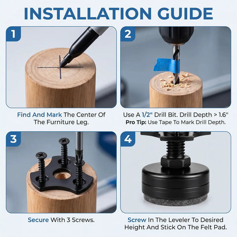 4 Pack 3/8-16 Thread Adjustable Furniture Leveling Feet For Uneven Floors, Heavy Duty Leg Levelers, Easy Install For Chairs, Tables, Desks, Cabinets, Office Furniture, 1.75 Inch Steel Inserts. Installation guide showing drilling and screw-in steps