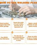 Guide to using No Clean Solder Flux Paste, Lead Free, 30mL for PCB with 2 metering tools, step-by-step soldering instructions.