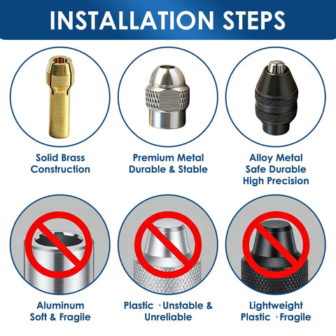 Diagram showing installation steps for Brass Collet Set For Your Rotary Tool, highlighting materials and durability comparisons.