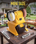 Pro Grade Cordless Bench Grinder With Dual 3 Inch Grinding Wheels and Sturdy Guard showing mini size on a workbench.