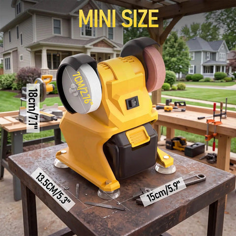 Pro Grade Cordless Bench Grinder With Dual 3 Inch Grinding Wheels and Sturdy Guard showing mini size on a workbench.