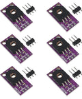 Image showing Six Pack CJMCU103 Rotary Angle Sensor Modules With SMD SV01A103AEA01R00 Trimmer 10K Potentiometer Analog Voltage Output arranged in two rows. Each module has a small black rotary sensor on a purple circuit board.