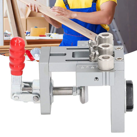 Heavy Duty Aluminum Alloy Dowel Jig Kit With Precision Drill Bits, showing clamp setup for accurate woodworking joins.