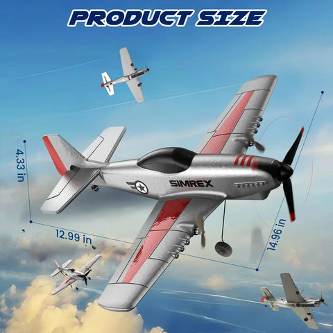 P51 Foam Glider RC Plane For Kids And Beginners, gray with red accents, 2.4GHz 3 Channel Remote, dimensions labeled