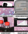 Insulated Picnic Backpack Lunch Box for Women and Men with front zipper, side, and mesh pockets showing easy access storage compartments