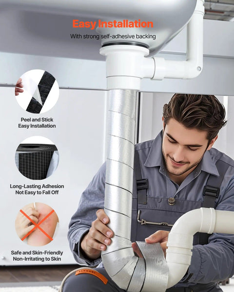 Person installing Pipe Insulation Wrap 32.8 Feet By 2 Inches With Aluminum Foil Layer Self Adhesive Foam on sink pipe