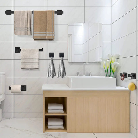 7 Piece Matte Black Bathroom Hardware Set with wall mounted towel rack, square towel bar, towel holder, and toilet paper holder