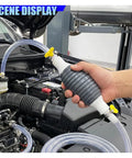 No Sweat Manual Car Fluid Siphon Pump held in hand, featuring flexible PVC tube and heavy duty rubber bulb for fluid transfer.