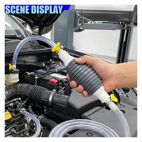 No Sweat Manual Car Fluid Siphon Pump held in hand, featuring flexible PVC tube and heavy duty rubber bulb for fluid transfer.