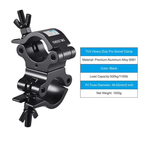 Beefy Heavy Duty Swivel Truss Clamp Set 2 Pack For 2 Inch Trusses Dual Head Turn As Needed 360 Degree Lighting Clamps Fits 48 To 52mm Truss OD Aluminum Alloy 6061 Pro Grade Safety And Durability, black aluminum 6061 swivel clamp for 48-52mm truss
