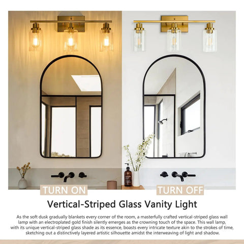 Vertical-striped glass vanity light shown turned on and off above an arched mirror with brushed gold fixtures.