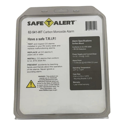 Packaging for CO Alarm Surface Mount White Carbon Monoxide Detector, model 62-541-WT, showing safety instructions and specifications.