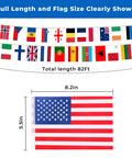 82 Foot Pre Strung 100 Country Flags World Bunting For Classroom Decor, showing flag size and total length of 82 feet.