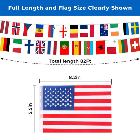82 Foot Pre Strung 100 Country Flags World Bunting For Classroom Decor, showing flag size and total length of 82 feet.