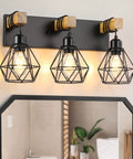Three Light Farmhouse Vanity Light Fixtures With Wood Accents And Rustic Metal Lampshades for over the mirror installation