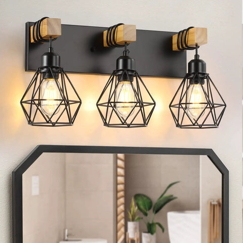 Three Light Farmhouse Vanity Light Fixtures With Wood Accents And Rustic Metal Lampshades for over the mirror installation