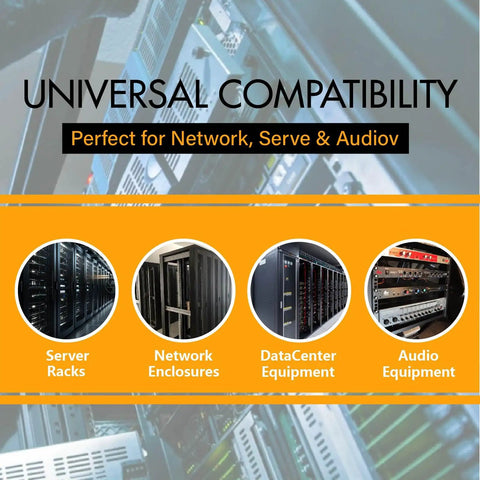 Bulletproof M6 X 20mm Rack Mount Screw Kit With Cage Nuts And Washers For Network Servers And Routers displayed with server racks and audio equipment.