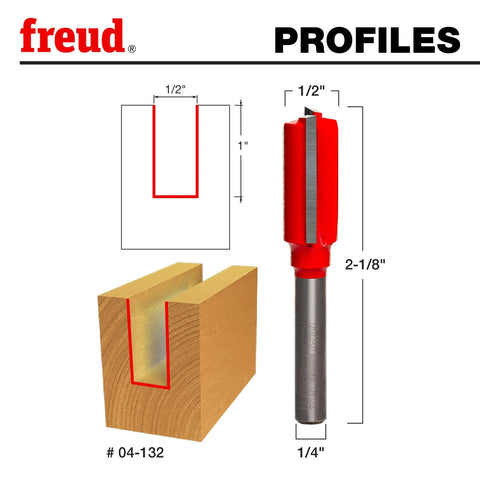 One Half Inch Double Flute Straight Router Bit Red For Solid Wood Plywood And Composites, One Quarter Inch Shank, Two And One Eighth Inch Overall Length, Carbide High Density For CNC Handheld And Table Mounted Routers, shown with cutting profile and dimensions.