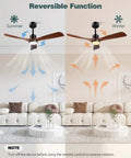 52 Inch Walnut Outdoor Ceiling Fan With Light And Remote Three Blades Three Downrods Six Speed Quiet DC Motor Cool Modern Rustic Ceiling Fan For Patios Porch Living Rooms Bedrooms Indoor Outdoor Use shown with reversible function for summer and winter in living room setting.