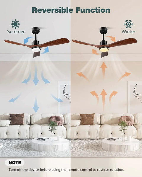 52 Inch Walnut Outdoor Ceiling Fan With Light And Remote Three Blades Three Downrods Six Speed Quiet DC Motor Cool Modern Rustic Ceiling Fan For Patios Porch Living Rooms Bedrooms Indoor Outdoor Use shown with reversible function for summer and winter in living room setting.