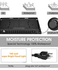 Image showing the back and plug of 3 Pack 100W LED Flood Lights Outdoor That Lights Up Big Spaces With 11600 Lumens Plug In IP66 Waterproof.
