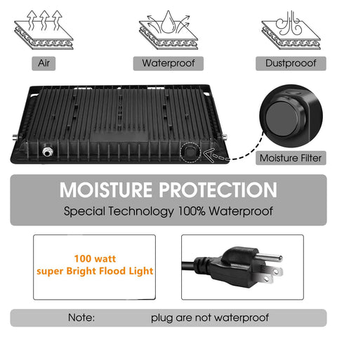 Image showing the back and plug of 3 Pack 100W LED Flood Lights Outdoor That Lights Up Big Spaces With 11600 Lumens Plug In IP66 Waterproof.