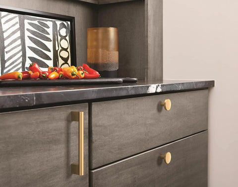 Kitchen with Versa Champagne Bronze Cabinet Pull Five And One Sixteenth Inch Center To Center on grey cabinets