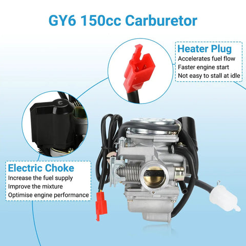 GY6 150Cc PD24J Carburetor Kit With Ignition Coil Starter Solenoid CDI and 78 Inch Throttle Cable