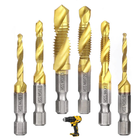 Six Piece Titanium Coated Drill Tap Set For Aluminum, Brass, Zinc, Copper, Plastic And Wood Heavy Duty All In One 3 In 1 Drill Tap Countersink Kit With M3x0.5 To M10x1.5 Hex Shank HSS Taps