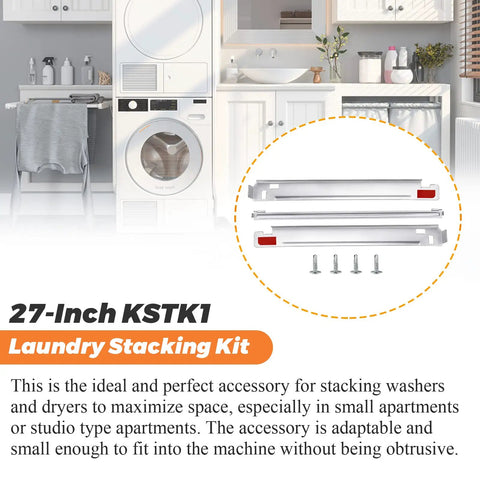 Heavy Duty Washer Dryer Stacking Kit For 27 Inch Laundry Machines Solid Metal Frame with chrome finish, accessories for efficient stacking.