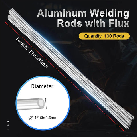 100 Aluminum Welding Rods Flux-Free for Easy Welds DIY Aluminum Repair and Brazing, 13 Inch Length, visible with dimensions marked.