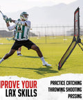 Lacrosse player using 4x7Ft Backyard Lacrosse Rebounder With 5 Angles And Target Strip For Multi Sport Practice, grassy field
