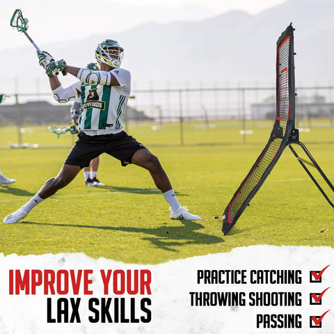 Lacrosse player using 4x7Ft Backyard Lacrosse Rebounder With 5 Angles And Target Strip For Multi Sport Practice, grassy field