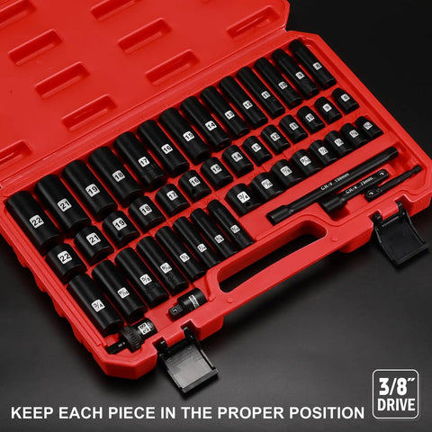 49-Piece Three-Eighths Inch Drive Impact Socket Set With Deep And Shallow 6-Point Sockets, SAE And Metric, CR-V Steel, Includes Extension Bars, Reducer, And Universal Joint Built Tough For Heavy Duty Auto And Garage Work
