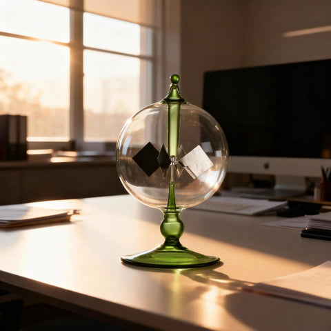 Green Solar Power Radiometer Glass Windmill Desk Decor that spins with light, placed on a modern office desk during sunset.